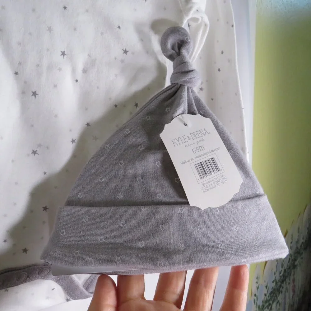 Baby Gray Stars Hat - Cap, Footed Pants & Bodysuit Long sleeve 3pc NEW cotton